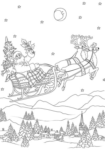 Santa flying in his sleigh pulled by reindeers at night coloring page free printable coloring pages