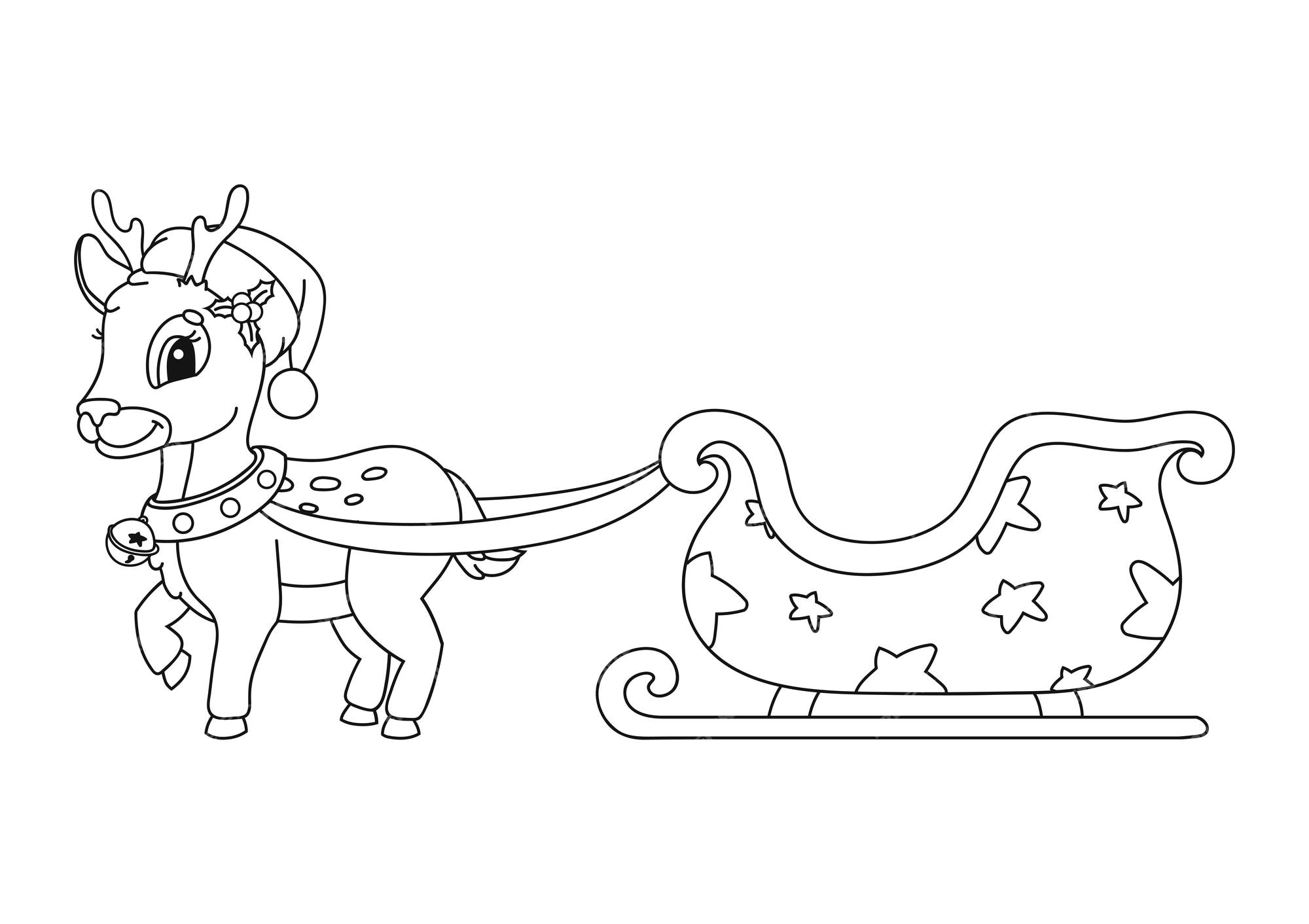Premium vector santa claus sleigh winter deer christmas theme coloring book page for kids