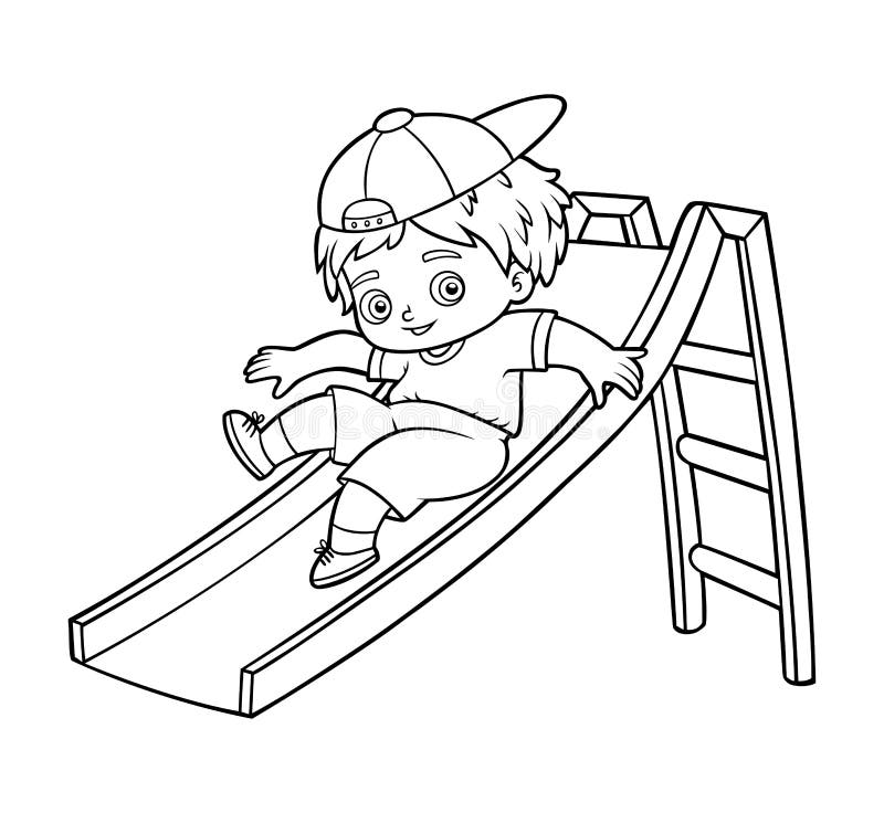 Coloring book for kids boy riding a slide on the playground stock vector