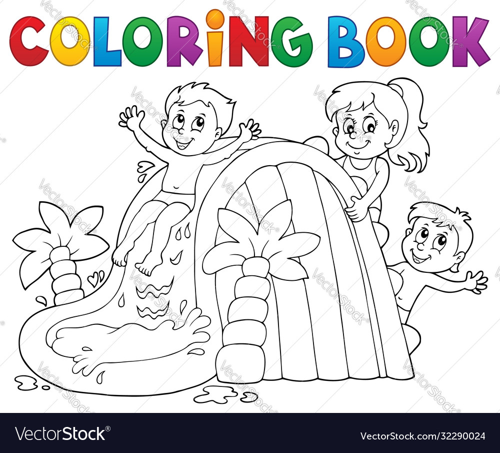 Coloring book kids on water slide royalty free vector