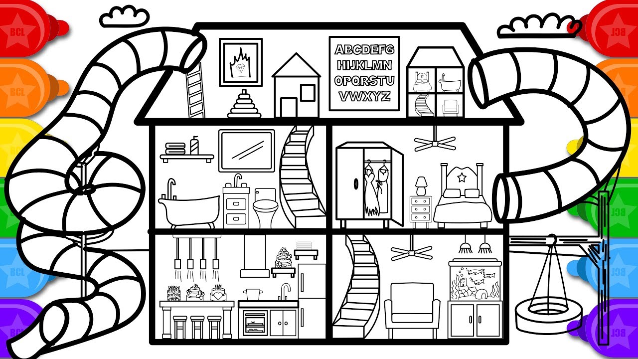 Learn drawing and learn to color glitter slide house coloring page for kids