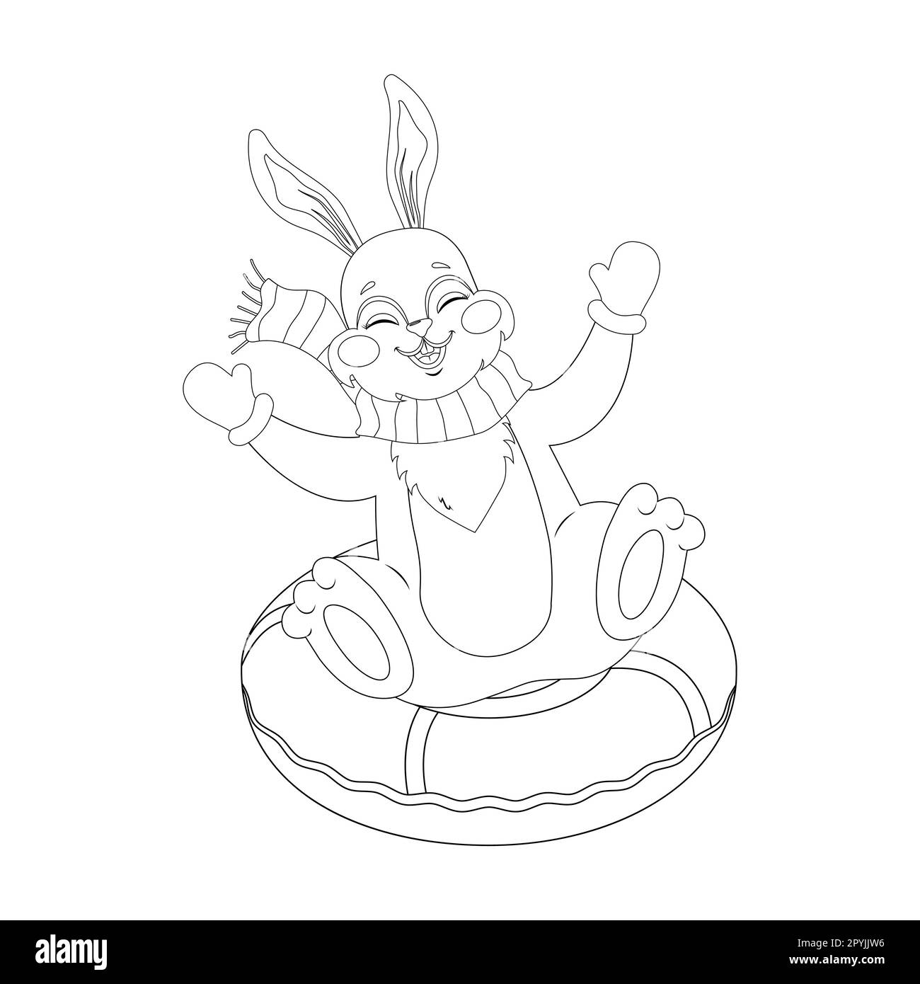 Cute bunny for coloring book rabbit slide down on snow tubing black and white coloring page isolated vector outline illustration children stock vector image art