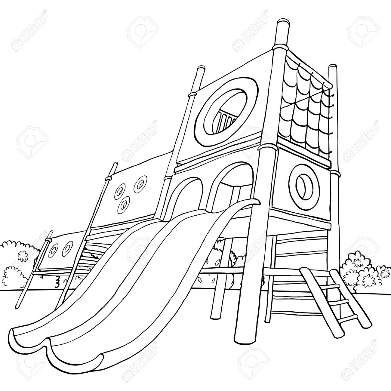 Childrens playground at public park or in the yard coloring book ector illustration isolated on white background royalty free svg cliparts vectors and stock illustration image