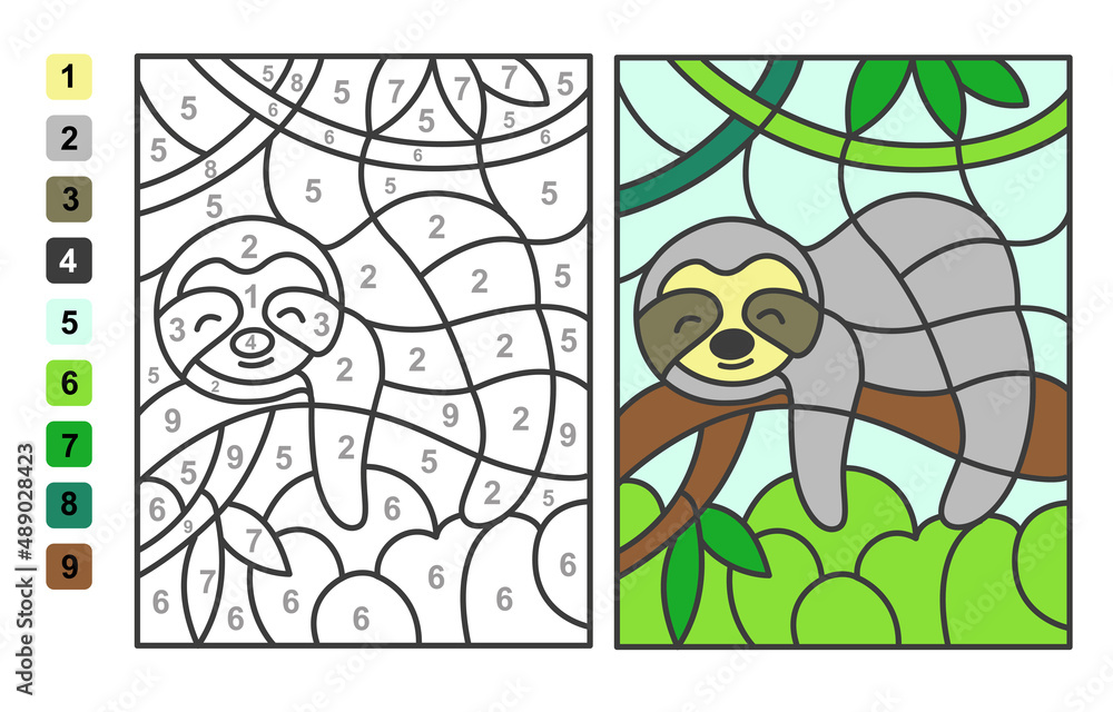 Color by numbers lazy creature sloth animal puzzle game for children education colors for drawing and learning mathematics vector