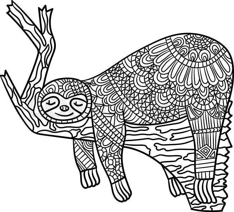 Sleeping sloth on a branch mandala coloring pages stock vector