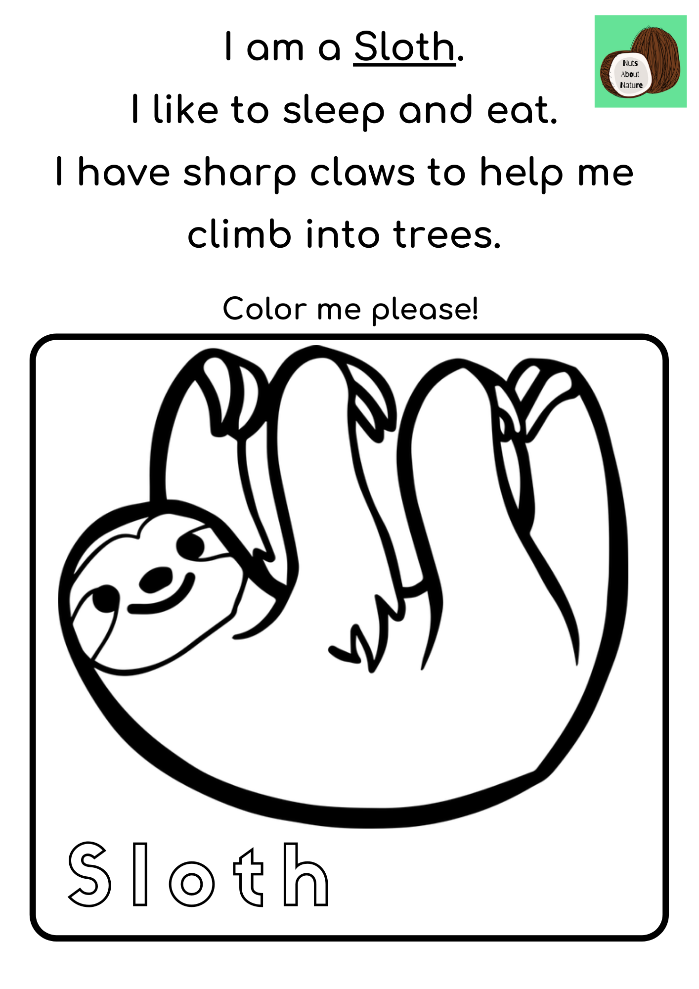 Free sloth read and colour worksheet color activities literacy activities preschool nature education