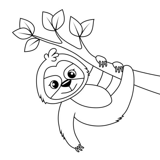 Cute cartoon sloth on tree black and white illustration for coloring book stock illustration