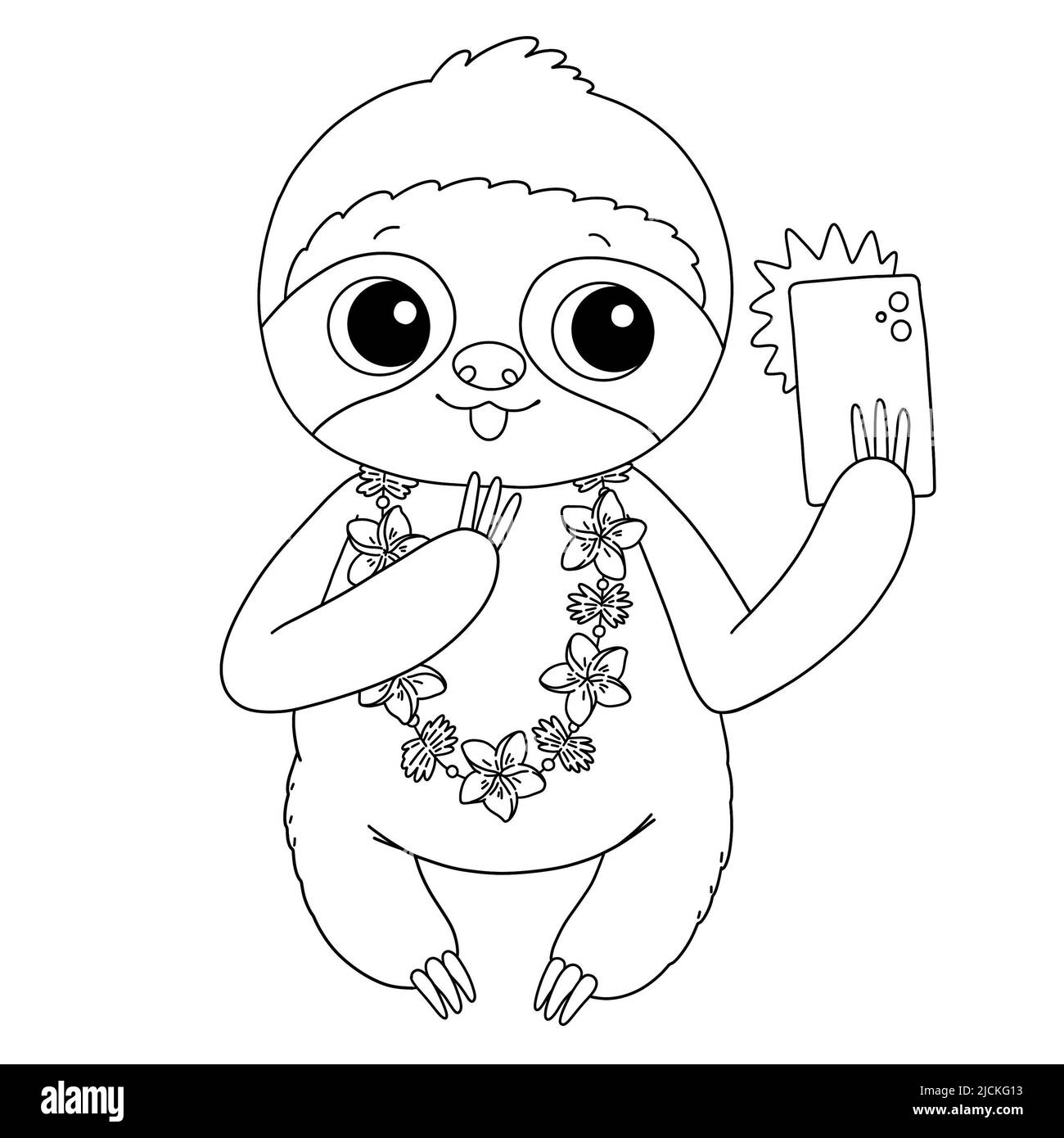 Cute sloth with flowers and phone coloring page stock photo
