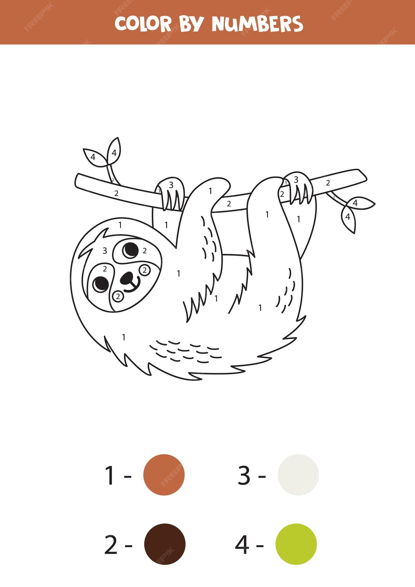 Premium vector coloring page with cute cartoon sloth color by numbers math game for kids