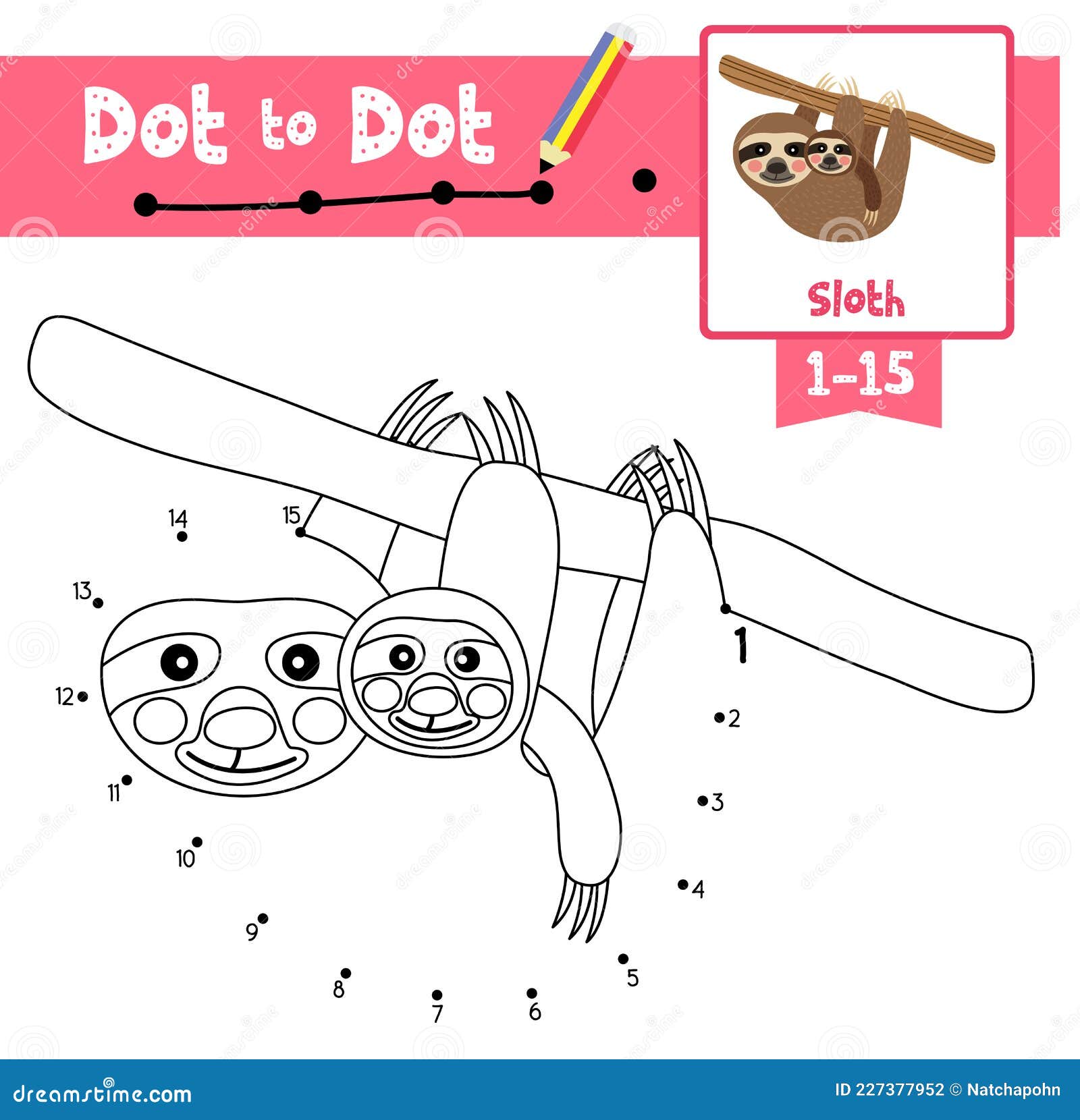 Dot to dot educational game and coloring book mother and child sloth hanging on tree animal cartoon character vector illustration stock vector