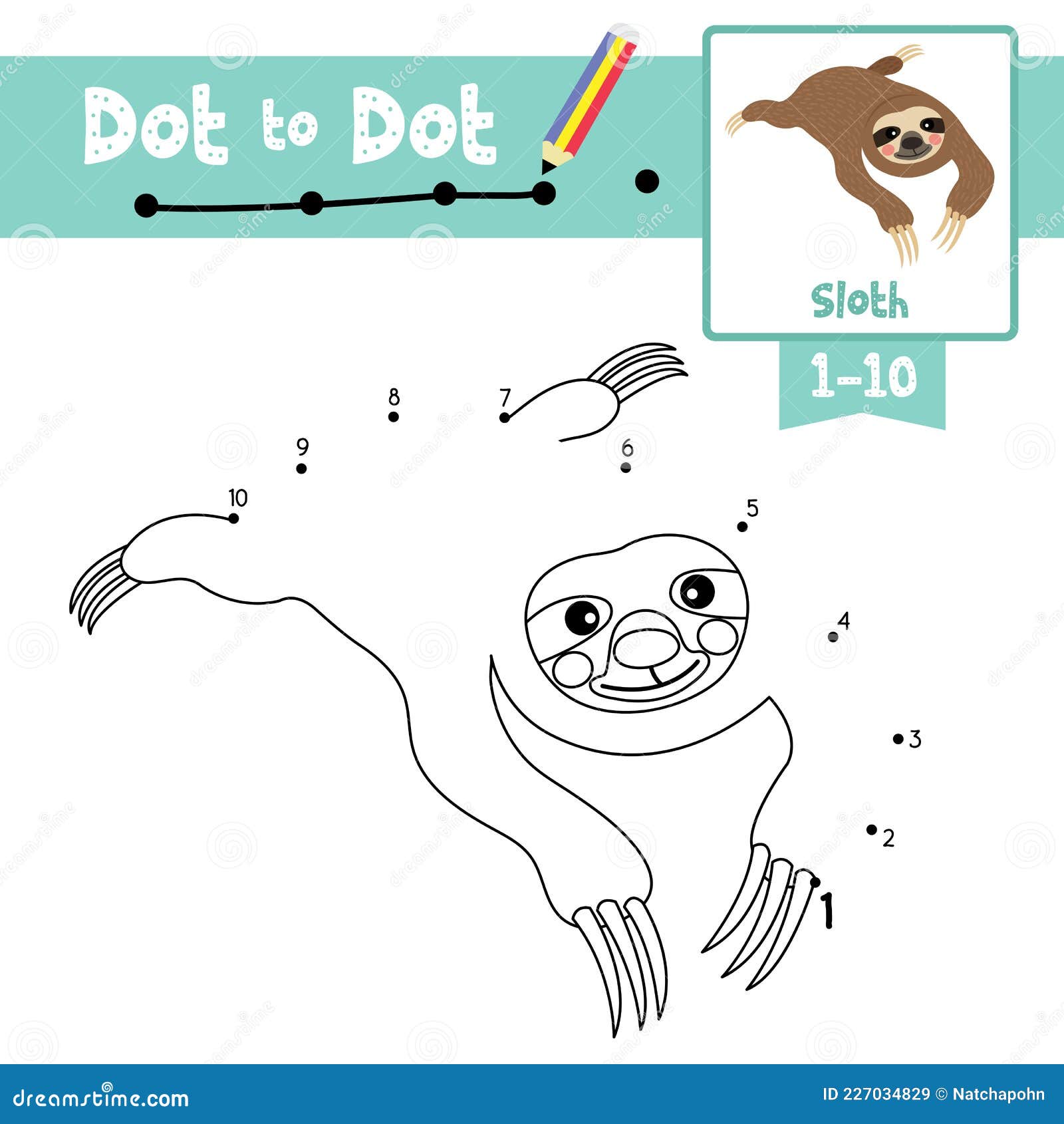Dot to dot educational game and coloring book lying sloth animal cartoon character vector illustration stock vector
