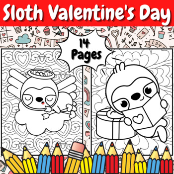 Sloth valentines day coloring pages mindfulness coloring sheets by qetsy