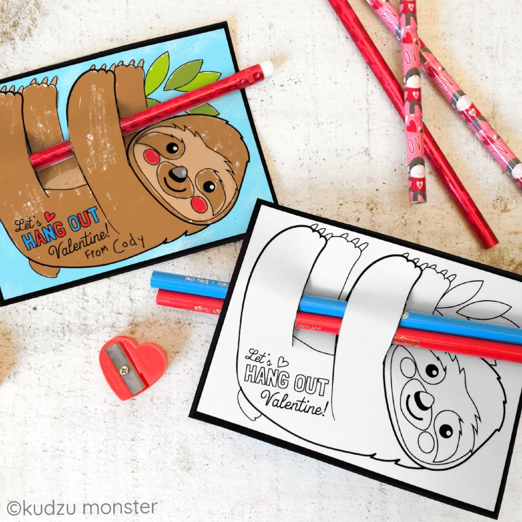 Valentine sloth coloring huggers â kudzu monster