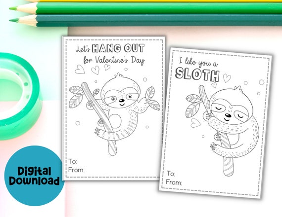 Sloth valentines coloring pages printable valentine sloth valentine card instant download
