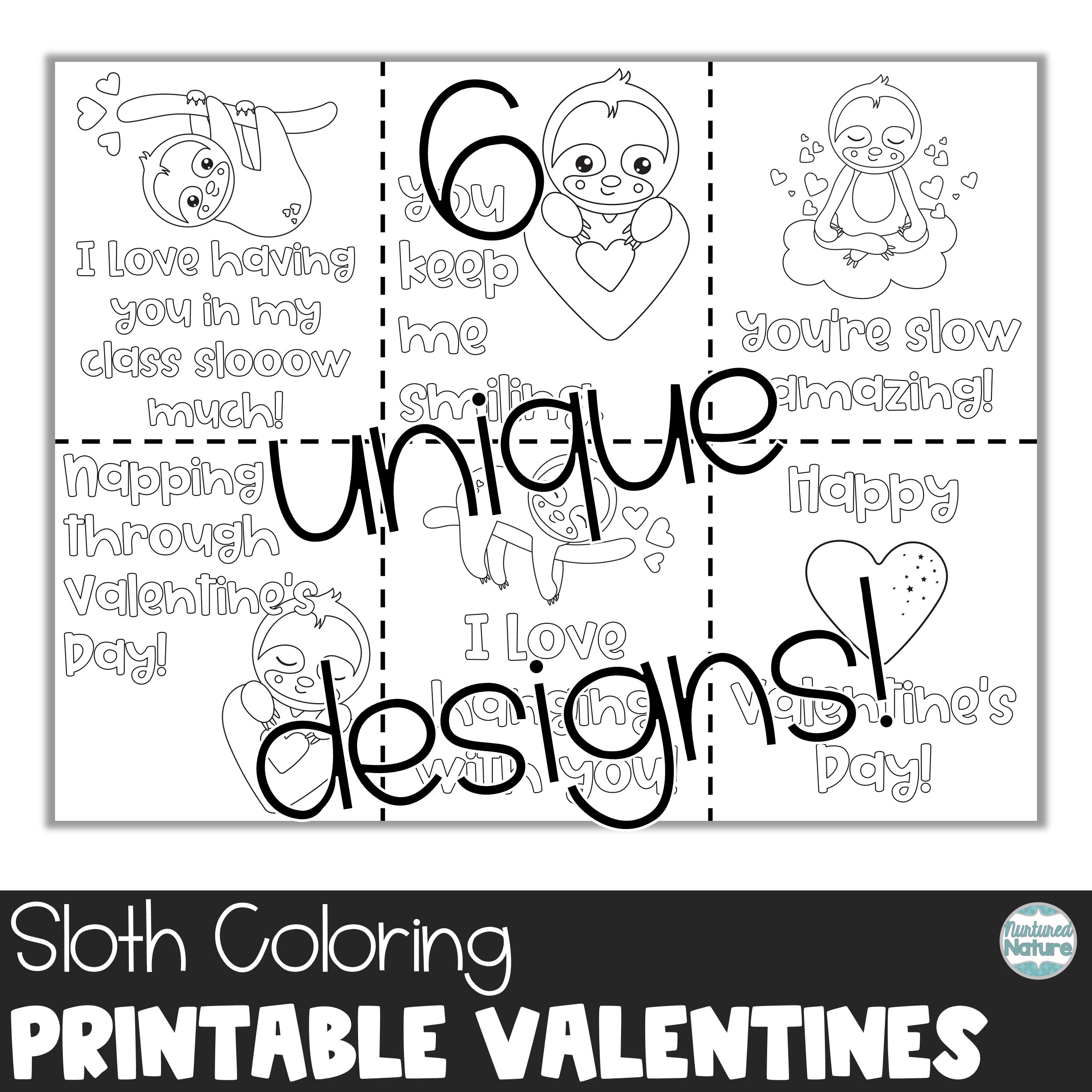 Sloth coloring valentines day cards for students made by teachers