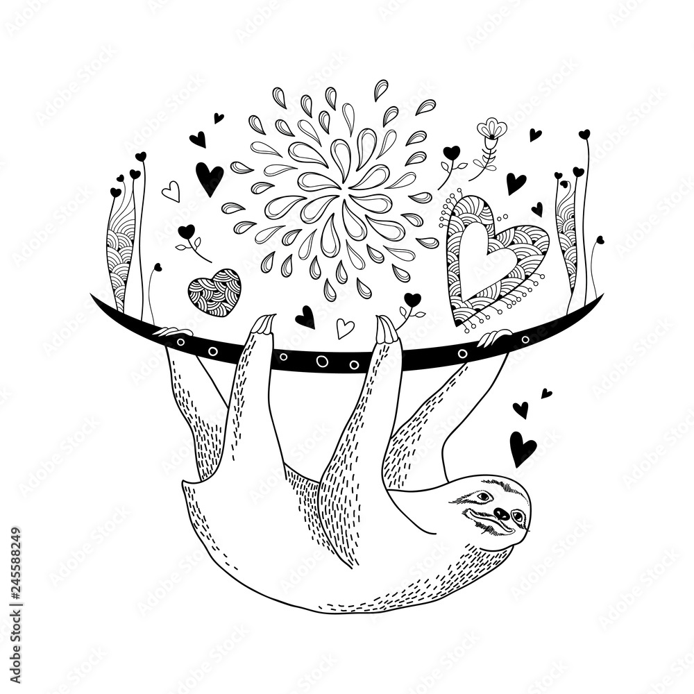 Vector outline hanging sloth with ornate hearts in black isolated on white background romantic design and holiday symbols with cute sloth in contour style for valentine day and coloring book vector