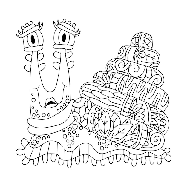 Premium vector coloring page funny snail slug with a spiral house shell hand drawn vector thin line art illustration coloring book for children and adults