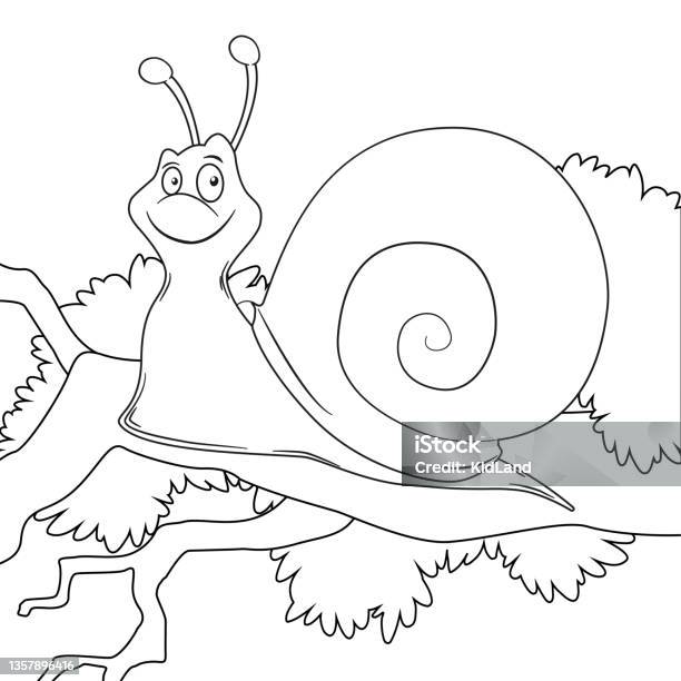 Coloring page outline of cartoon snail on branch page for coloring book of funny slug for