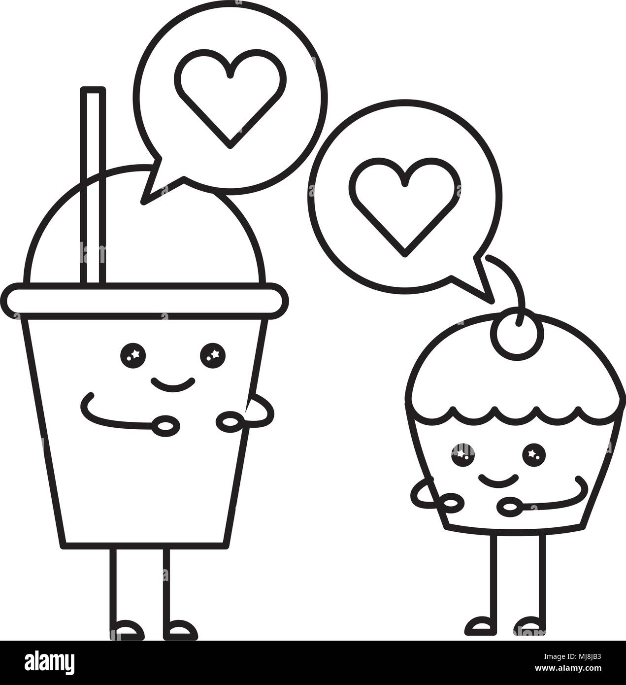 Couple milk shake and cup cake with speech bubble kawaii character vector illustration design stock vector image art