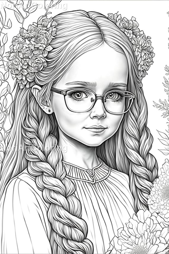 Grayscale beautiful little girls with flowers coloring pages vol printable adult coloring pages download grayscale illustration