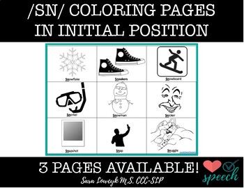Articulation s blend coloring sheet initial sn blend words speech language therapy speech and language