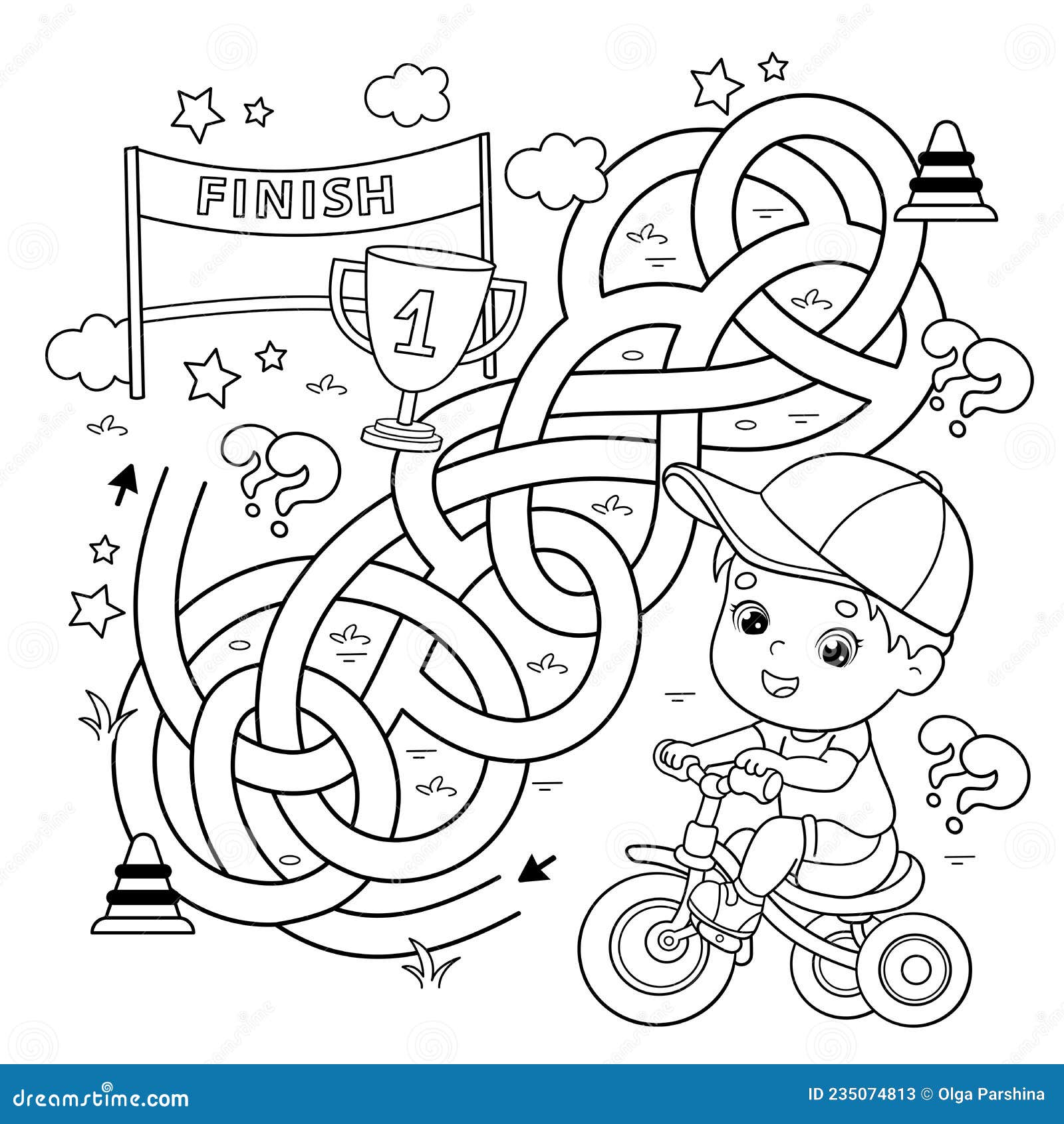 Maze or labyrinth game puzzle tangled road coloring page outline of cartoon little boy on bicycle or bike sport activity stock vector