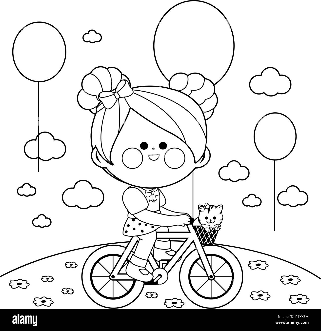 Happy little girl riding a bicycle at the park vector black and white coloring book page stock vector image art