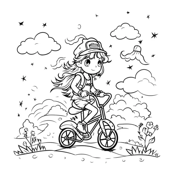 Coloring book children little girl riding bike park stock vector by ibrandify