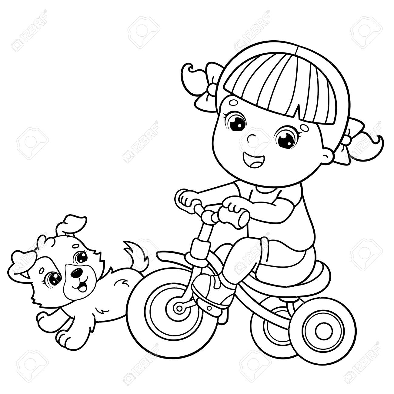 Coloring page outline of a cartoon girl riding a bicycle or bike with a dog coloring book for kids royalty free svg cliparts vectors and stock illustration image