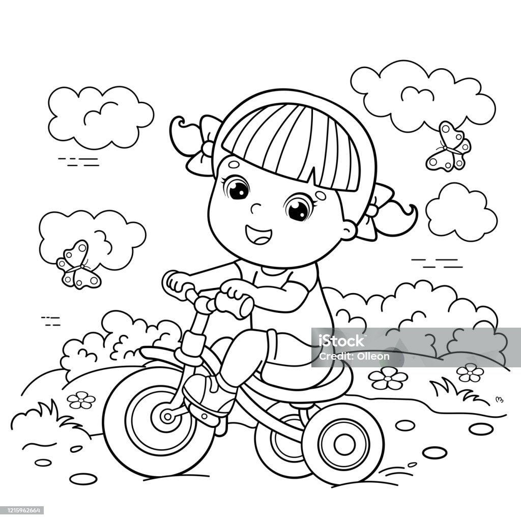 Coloring page outline of a cartoon girl riding a bicycle or bike coloring book for kids stock illustration