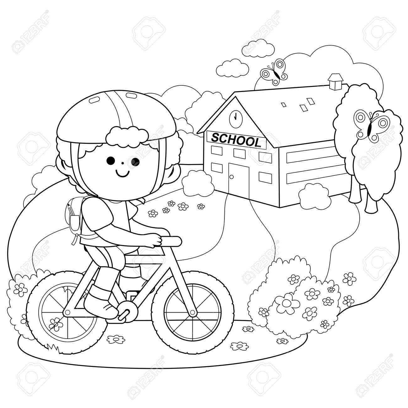 Little boy rides his bicycle to school vector black and white coloring page royalty free svg cliparts vectors and stock illustration image