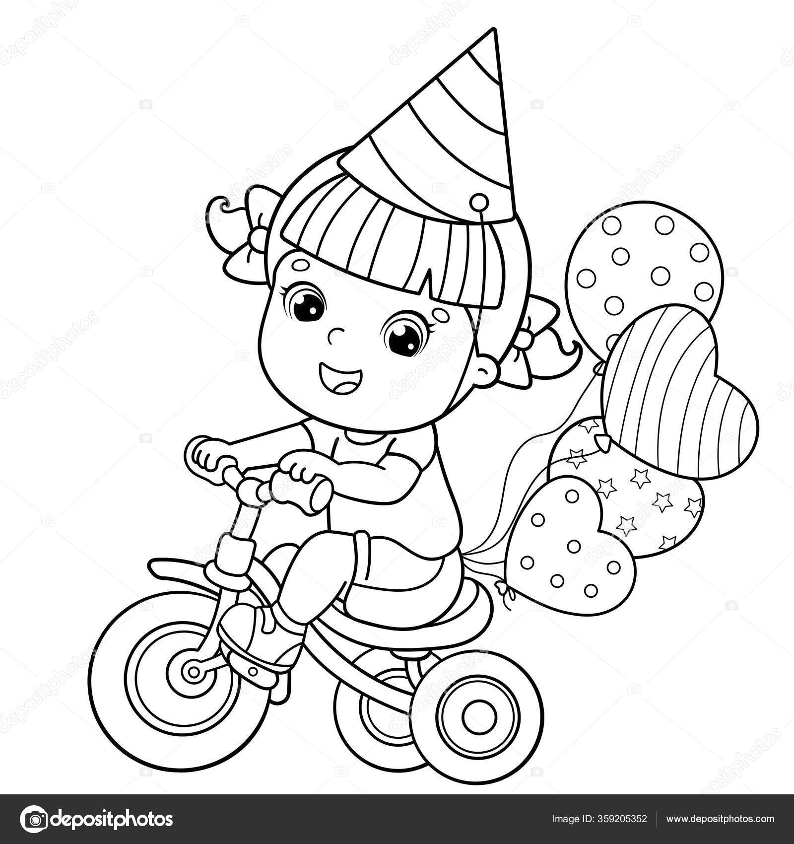 Coloring page outline cartoon girl riding bicycle bike balloons birthday stock vector by oleon