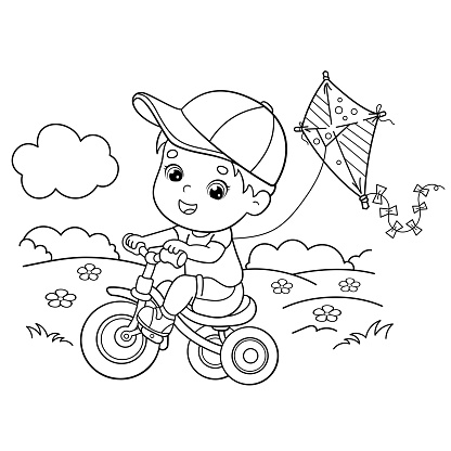 Coloring page outline of cartoon boy riding a bicycle with a kite coloring book for kids stock illustration