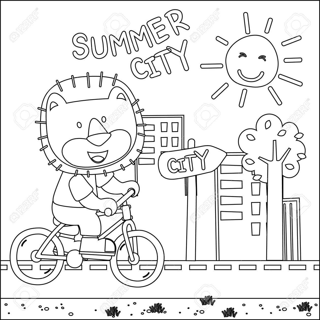 Cute little monkey riding bicycle trendy children graphic with line art design hand drawing sketch vector illustration for adult and kids coloring book royalty free svg cliparts vectors and stock illustration image