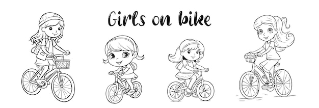 Premium vector happy little girls riding a bicycle vector black and white coloring page