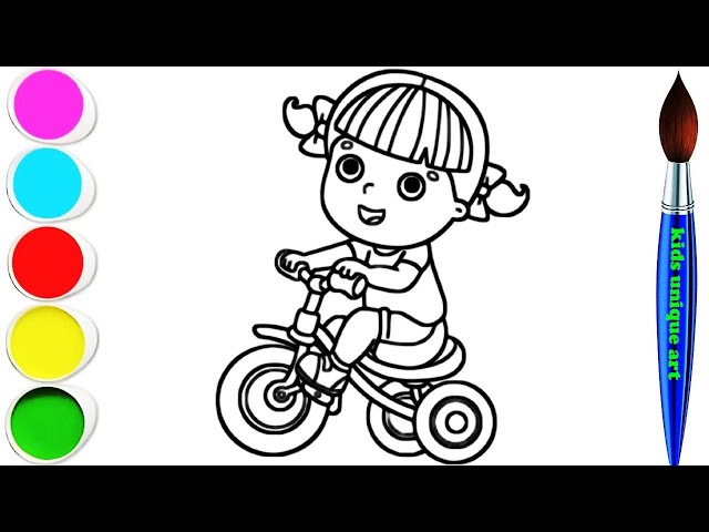 Girl riding a bicycle drawing painting colouring for kids toddlers how to draw paint kids art