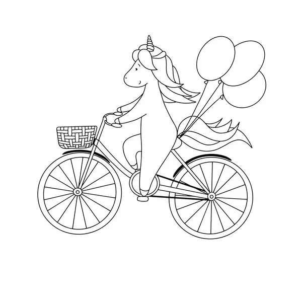 Cute little unicorn is riding a bicycle with balloons hand drawn black and white vector illustration for coloring book stock vector by michinoku