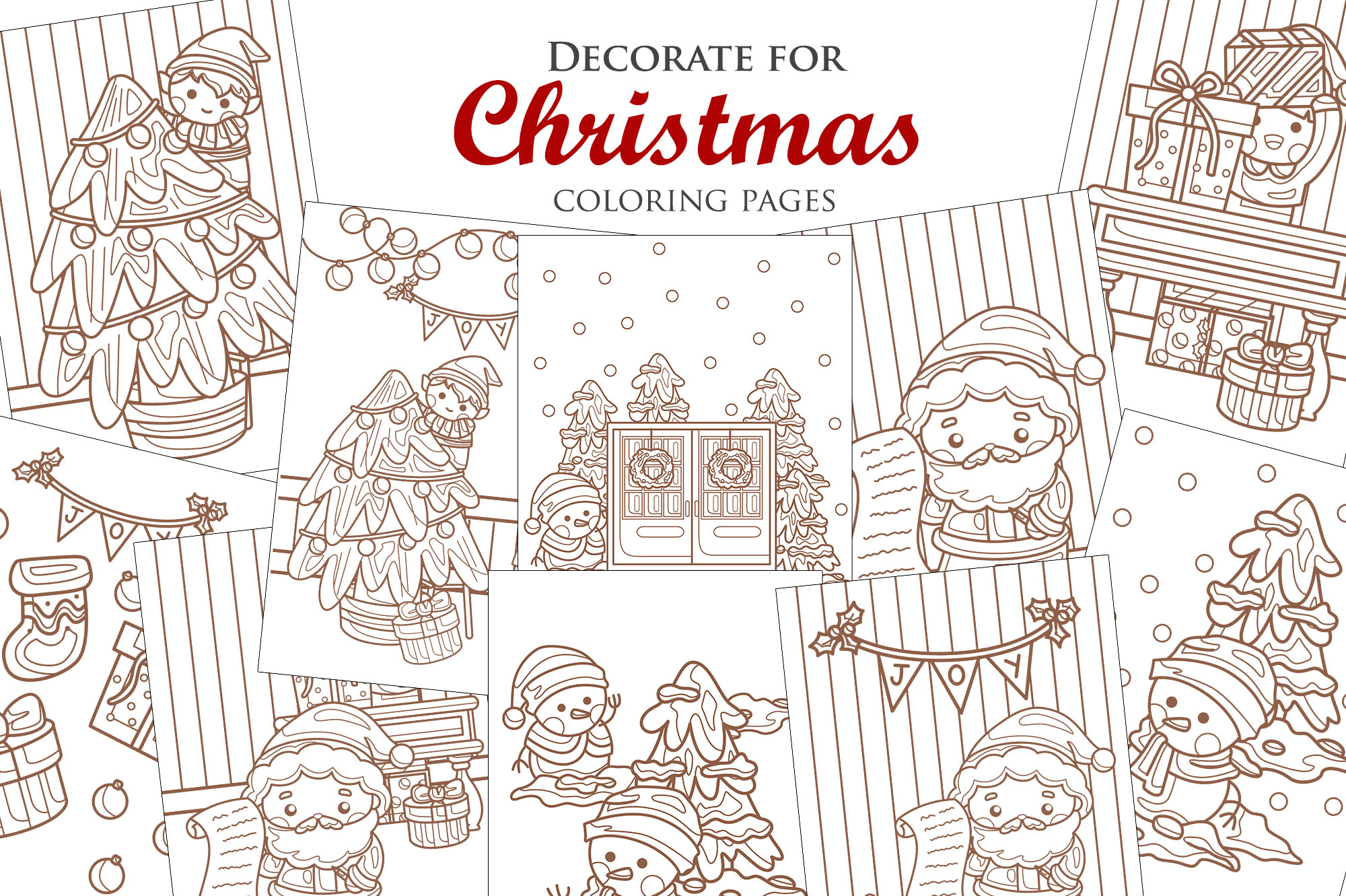 Decorated for christmas character snowman santa claus elf holiday decoration background cartoon coloring pages for kids and adult