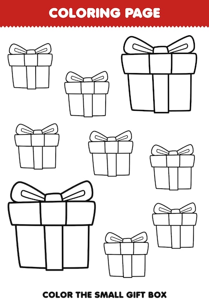 Premium vector education game for children coloring page big or small picture of cute cartoon gift box line art printable winter worksheet