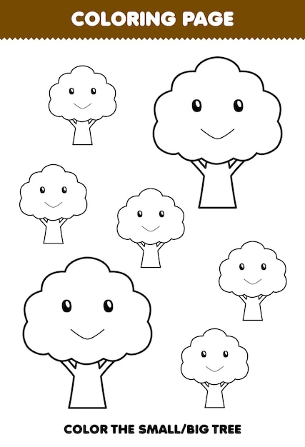 Premium vector education game for children coloring page big or small picture of cute cartoon tree line art printable nature worksheet