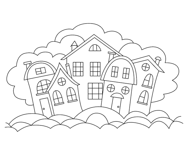 Premium vector small town coloring book cute contour houses vector coloring page for adults and children