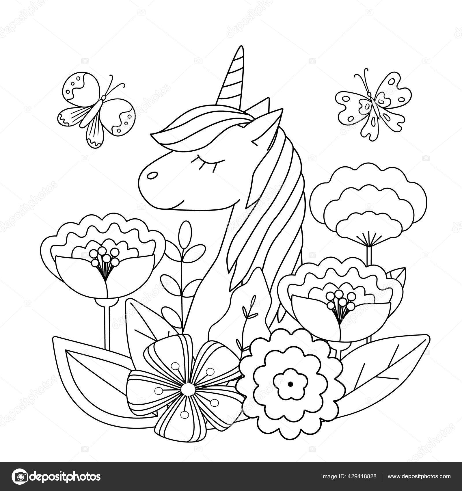 Kids coloring book cute unicorn flowers butterflies simple shapes outline stock vector by chpchilloutgmail