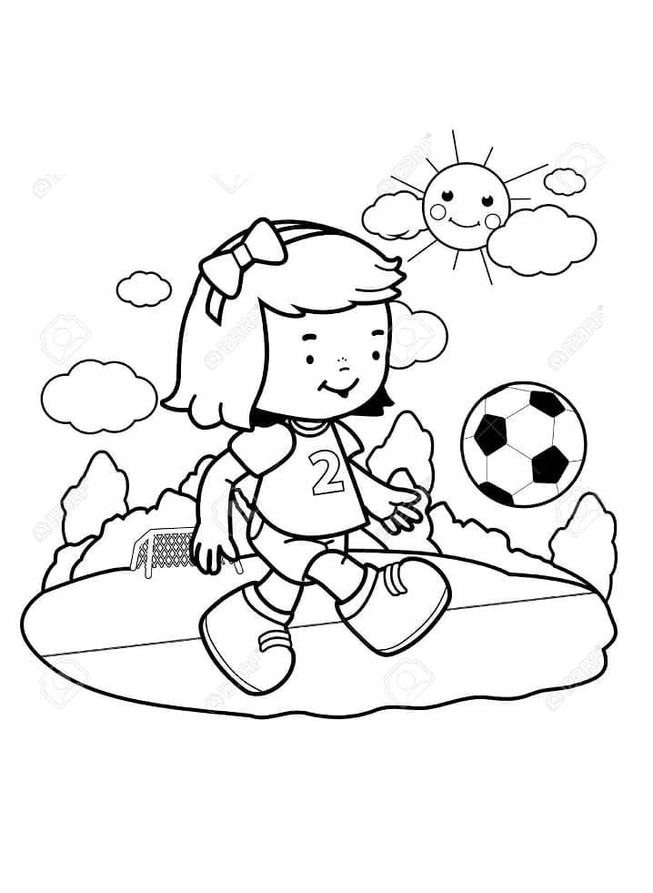 Little girl plays football coloring page