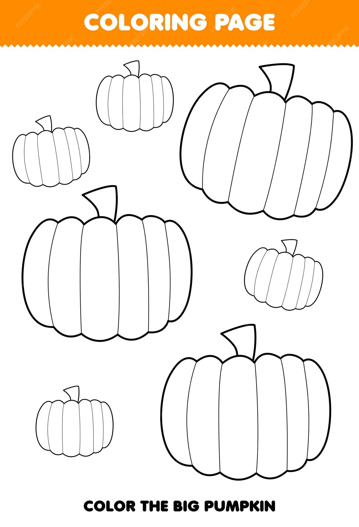 Premium vector education game for children coloring page big or small picture of cute cartoon pumpkin vegetable line art printable worksheet