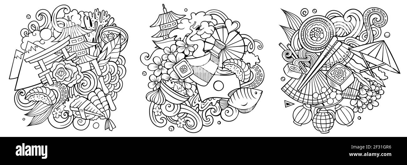 Japãn dibujos animados vector doodle diseãos conjunto arte lineal composicion detalladas con muchos objetos y sãmbolos japon aislado en ilustracion blancas imagen vector de stock