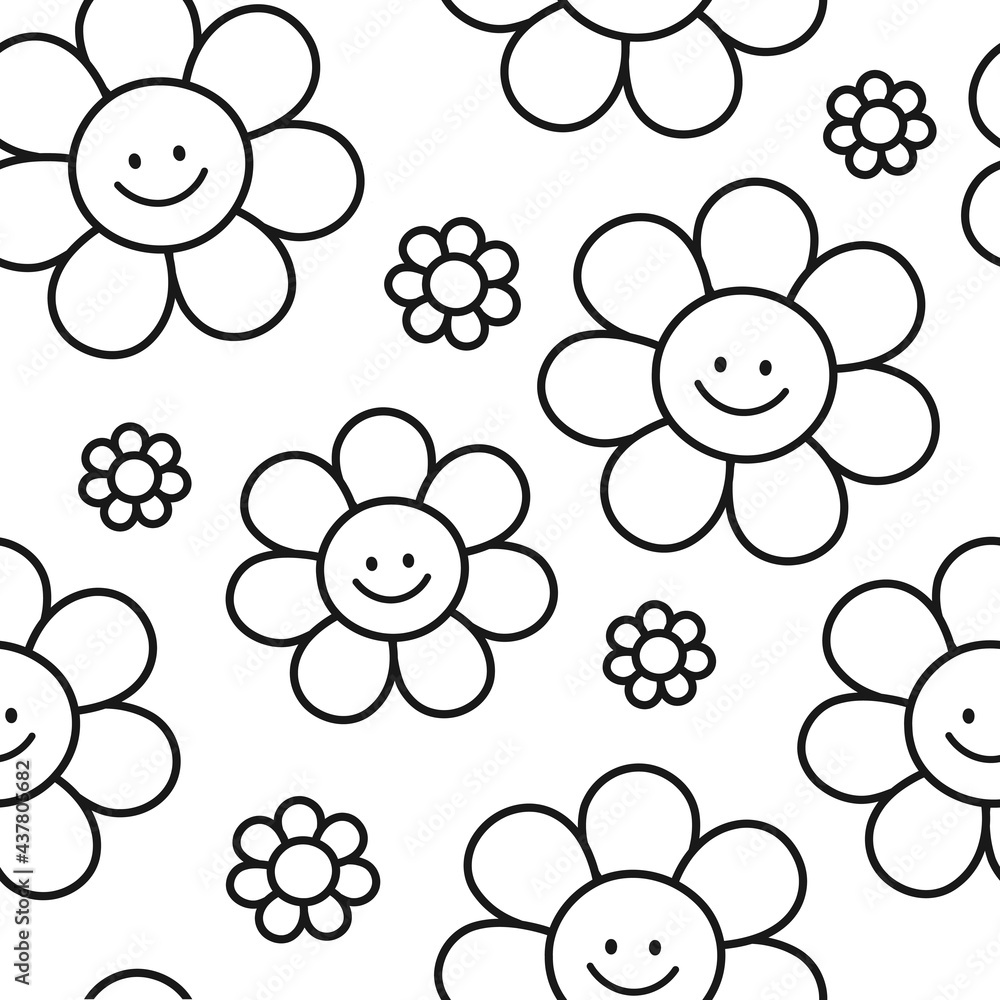 Cute funny smile flowers seamless pattern vector flat cartoon kawaii character illustration icon design positive smile flowers seamless pattern coloring page concept vector