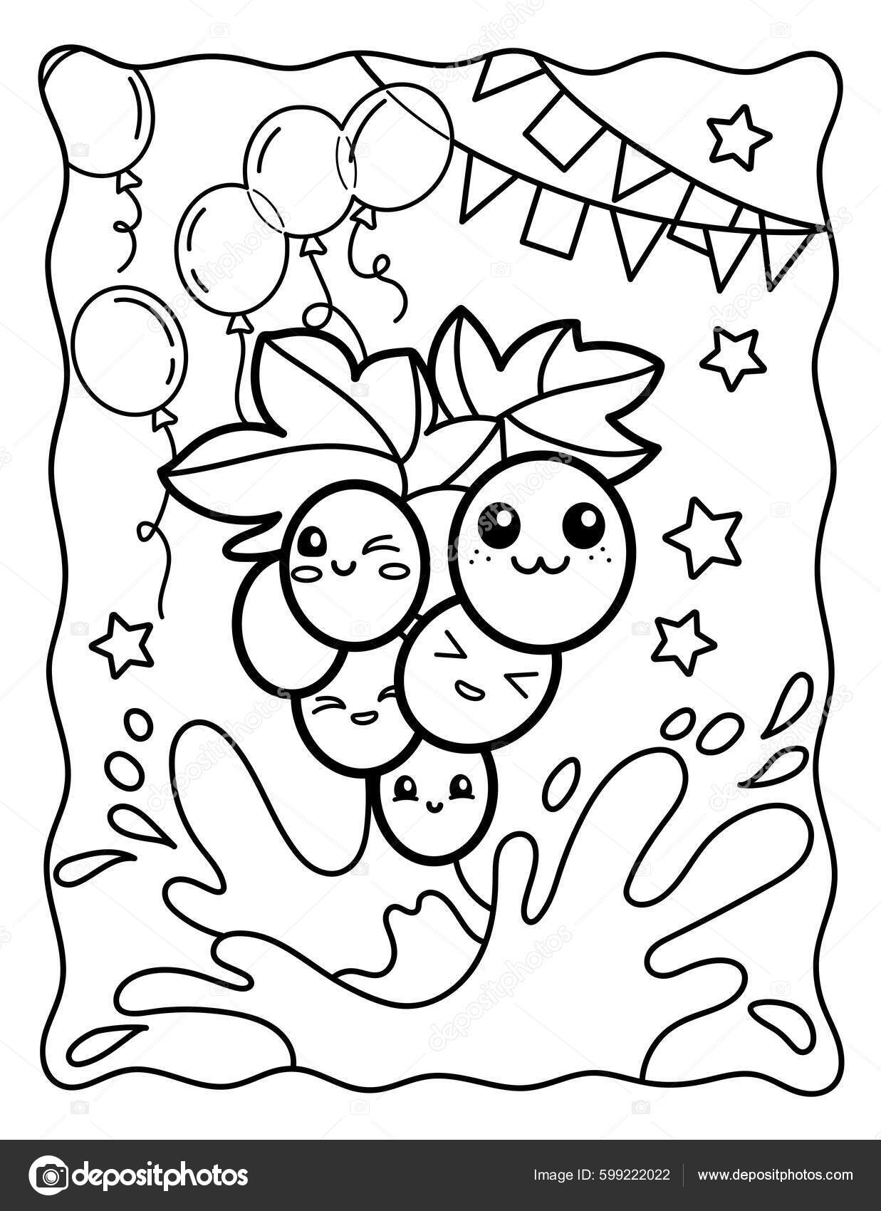Kawaii coloring page cute grapes smile black white illustration â kuvapankkivektori meineillustrations