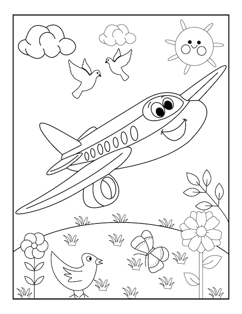 Airplane kawaii smile coloring page free printable
