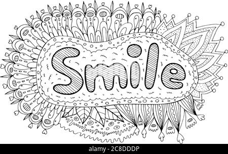 Coloring page for adults with mandala and smile word motivational quote doodle lettering ink outline artwork vector illustration stock vector image art