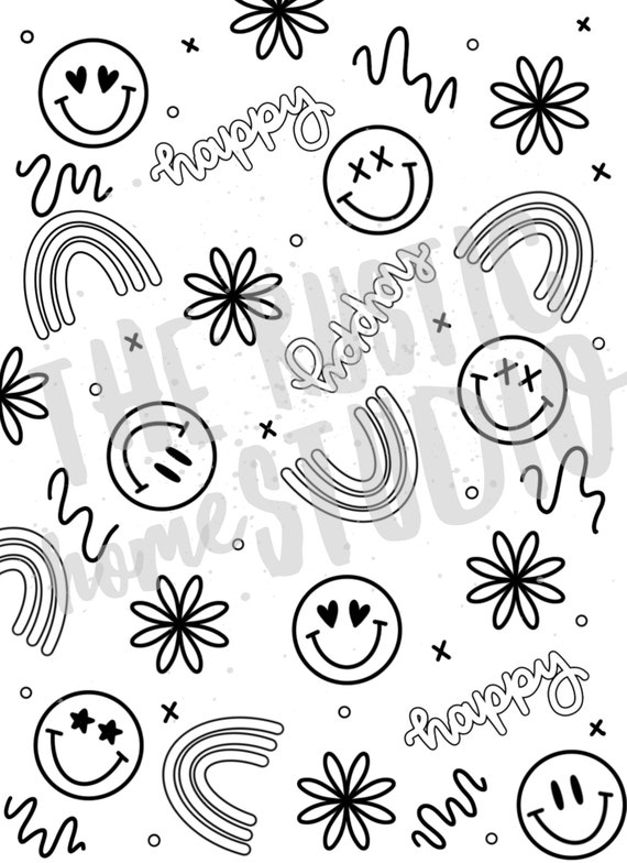 Aesthetic happy doodle coloring page positive coloring page smile coloring page adult coloring page coloring page download now